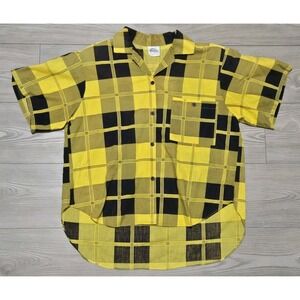 Vintage You Babes Black Yellow Plaid  Button-Up Short Sleeve Shirt Women's Small